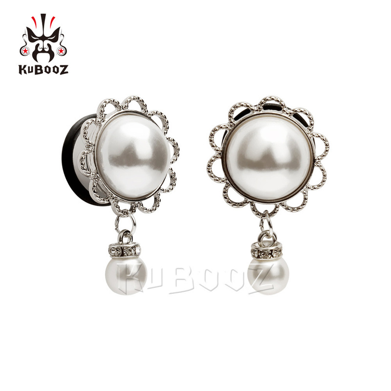 Bos Jewelry Stainless Steel Ear Expanders Trendy Pearl Pendant Set Leather Ring Ear Expanders Piercing Earrings Ear Jewelry