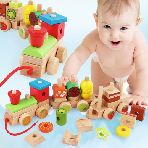 ohye beech wooden early education trailer building blocks for infants and young children fruit train set column puzzle puzzle toy