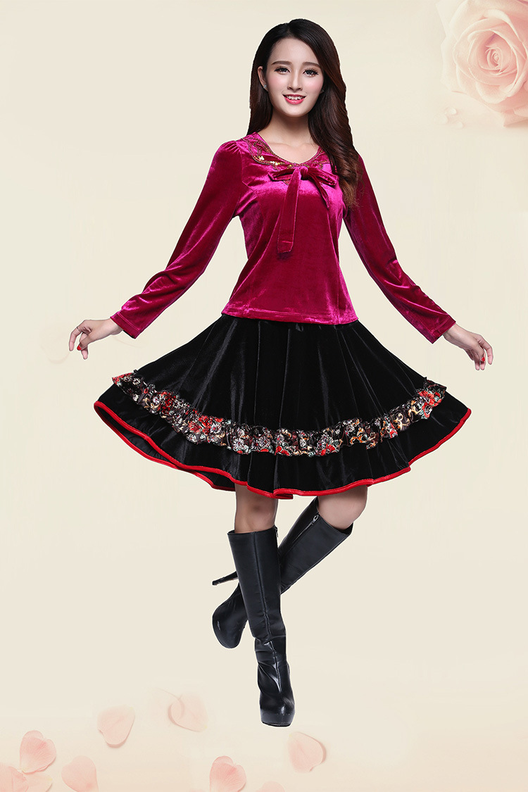 Purple Gold collar top + Black large swing skirt suit