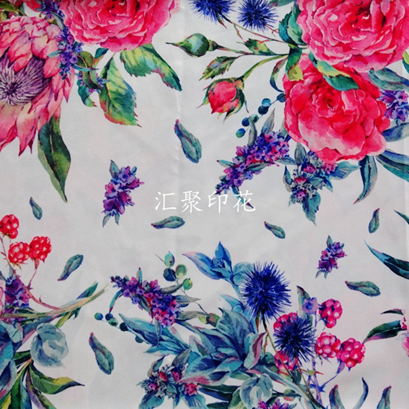 新款数码印花  白底粉鲜花 面料印花 数码印花厂家 不限套色