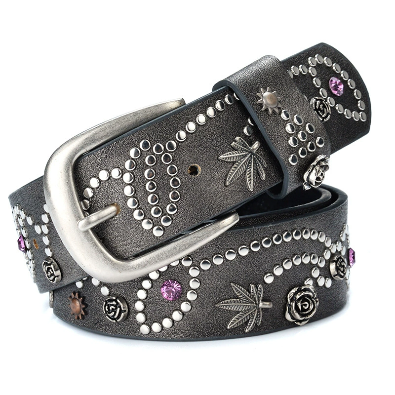 Women’s Fashion Metal Stud Belt, Retro Stone Inlay, 110 cm, Casual Jeans Accessory