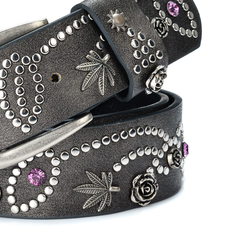 Women’s Fashion Metal Stud Belt, Retro Stone Inlay, 110 cm, Casual Jeans Accessory