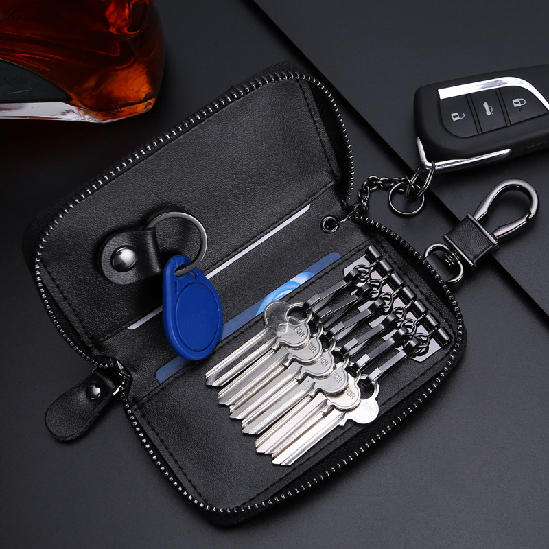 Genuine leather car key holder large capacity zipper bag for men and women stylish waist key bag couple trendy wholesale