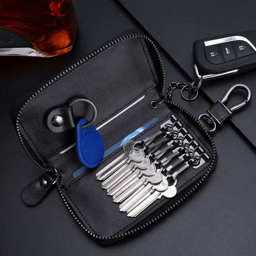 Genuine leather car key holder large capacity zipper bag for men and women stylish waist key bag couple trendy wholesale