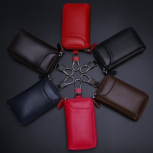 Genuine leather car key holder large capacity zipper bag for men and women stylish waist key bag couple trendy wholesale