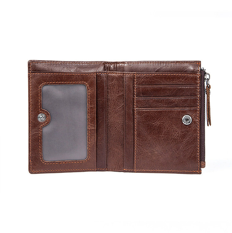 Ví nam da bò thật dạng đứng có khóa kéo, nhiều ngăn đựng thẻ và tiền xu, 9×1,5×11 cm — Cà phê, Cà phê đậm, Màu đen