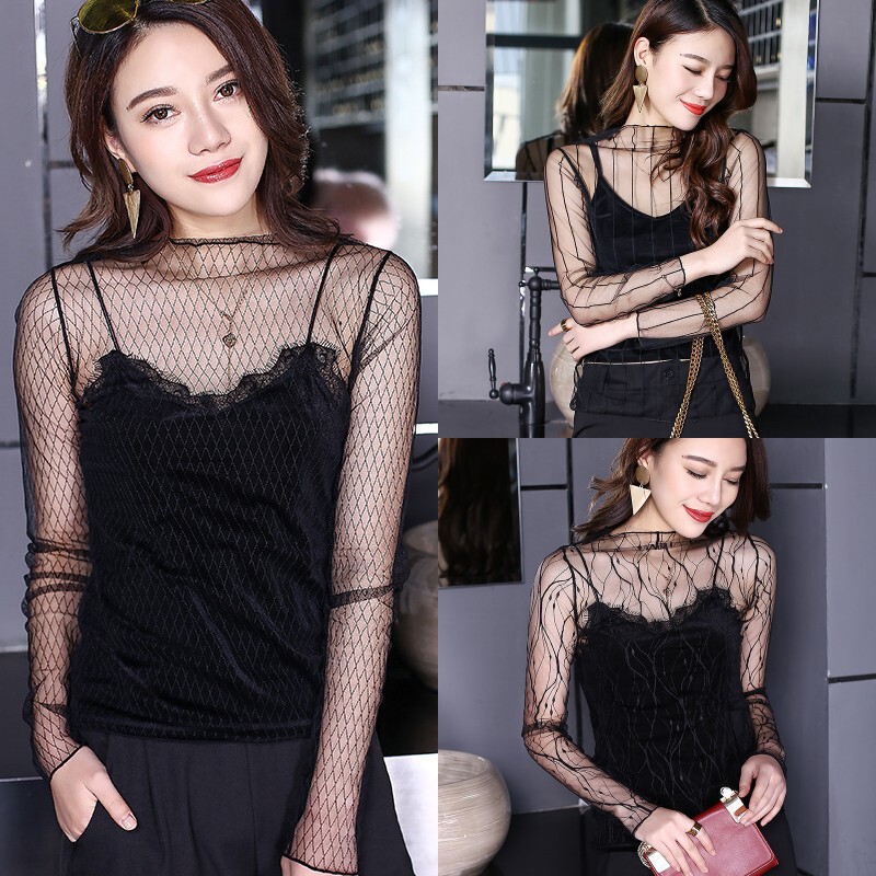 Mesh Top Sexy Transparent Bottoming Shirt Long-Sleeved Lace Cut Out Inner Mesh Top Fashion 2025 New Mesh