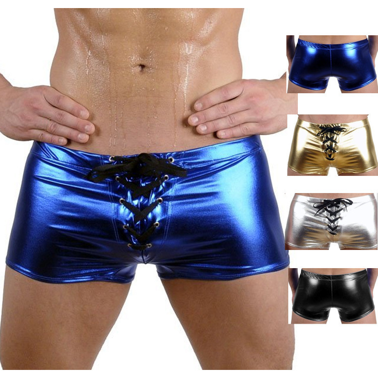 European and American sexy underwear men's sexy boxer underwear PU patent leather bodybuilding shorts steel tube dance performance clothing batch