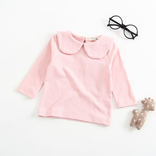 Baby girls 2020 new Korean style pure cotton tops autumn clothing baby girls solid color lapel long-sleeved T-shirt bottoming shirt