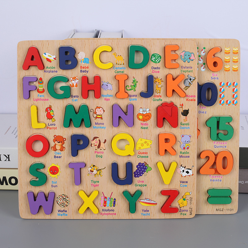 Mayúsculas y minúsculas letras inglesas de los niños tablero de mano de madera 1-6 bebé aprendizaje cognitivo educación temprana juguetes educativos al por mayor