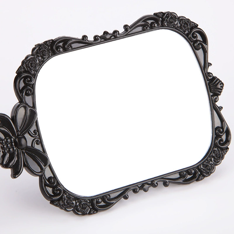 Handheld Mirror Retro Square 3D with Butterfly Accent, Black, Large