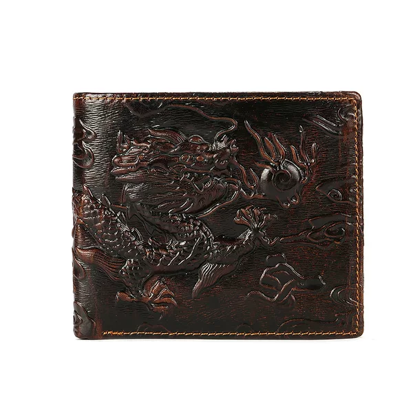 Foreign trade wholesale men's wallet oil wax first layer cowhide embossed dragon pattern retro leather wallet horizontal and vertical silver bag