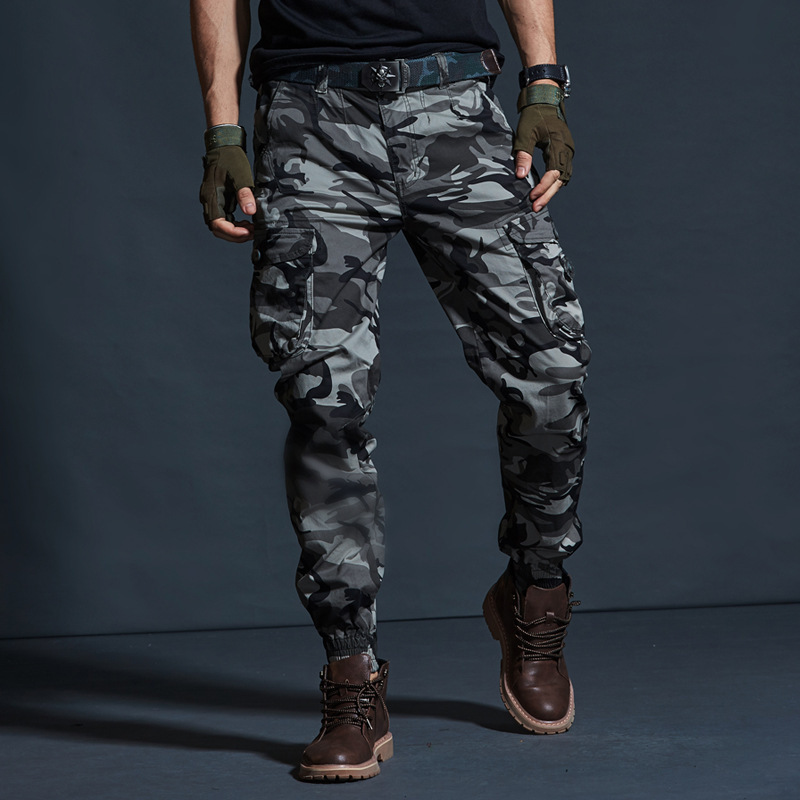 High street style ankle-tied camouflage jogging workwear functional multi-pocket ankle-tied pants trendy men's slim fit ankle-tied casual pants