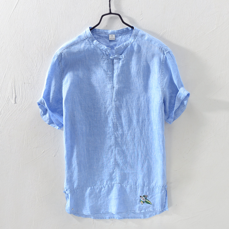 夏季新款男士亚麻休闲宽松短袖T恤薄款刺绣衬衣一件代发1830