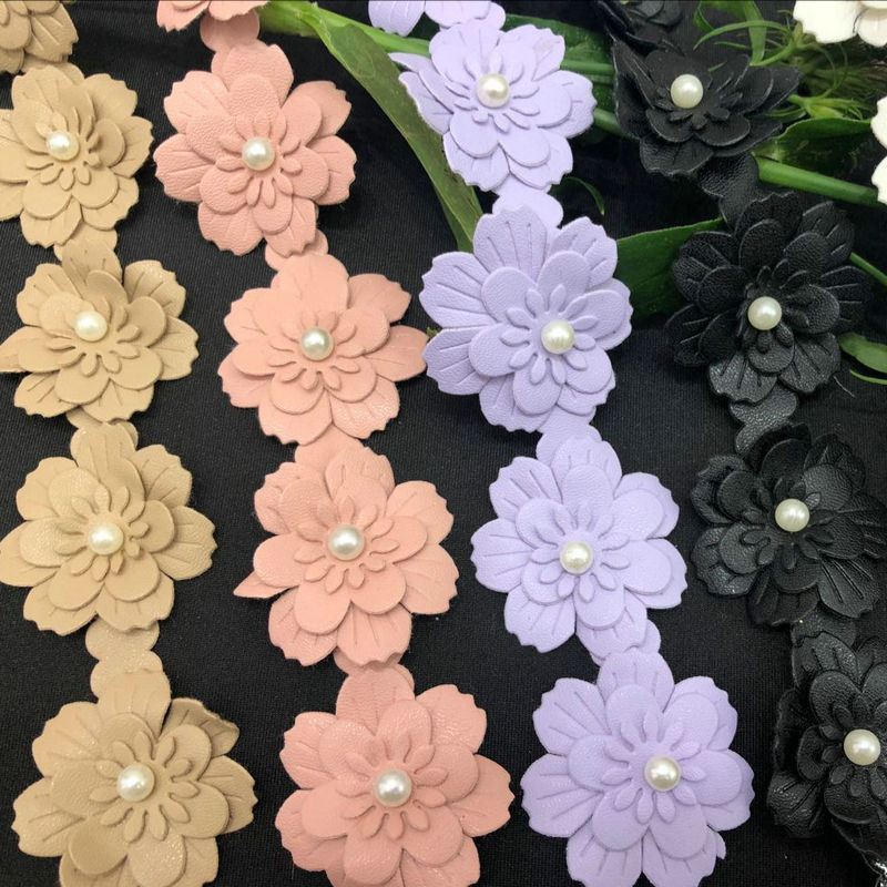 4cm立体钉珠花边现货 DIY立体雪纺条码皮花 婚纱辅料花边