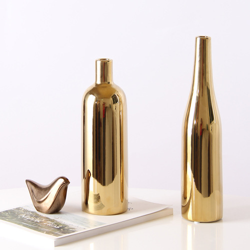 Nordic ins gold electroplating handicrafts ceramic vases model room home decoration ornaments three-piece set wholesale