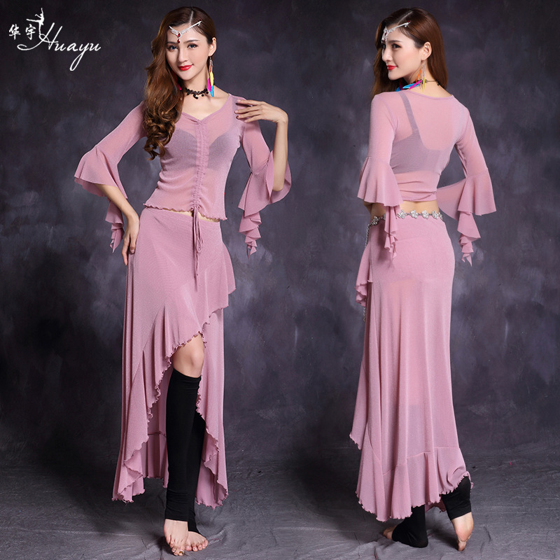 华宇舞蹈春秋款练习服银丝网抽绳蝴蝶袖长裙练功表演服套装女