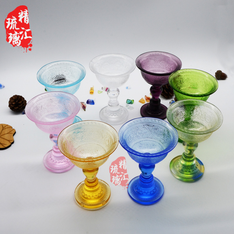 佛前供具批发 古法琉璃酥油灯座佛具 密宗八吉祥供杯 水杯八宝