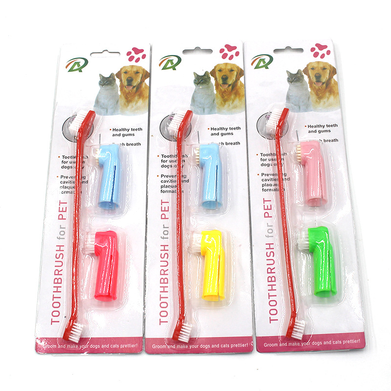 Pet limpieza dientes de doble cabeza dedo manga cepillo de dientes traje perro gato cepillado cuidado herramienta suministros en stock