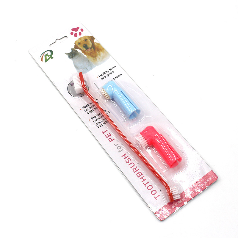 Pet limpieza dientes de doble cabeza dedo manga cepillo de dientes traje perro gato cepillado cuidado herramienta suministros en stock