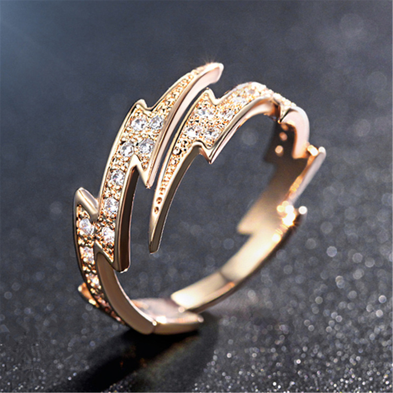 Hong Kong-style Korean-style Fashion Trendy Plated 18K Rose Gold Open Color Gold Lightning Ring Women's Finger Ring Exaggerated Personality Hong Kong-style Korean-style Fashion Trendy Plated 18K Rose Gold Open Color Gold Lightning Ring Women's Finger Ring Exaggerated Personality