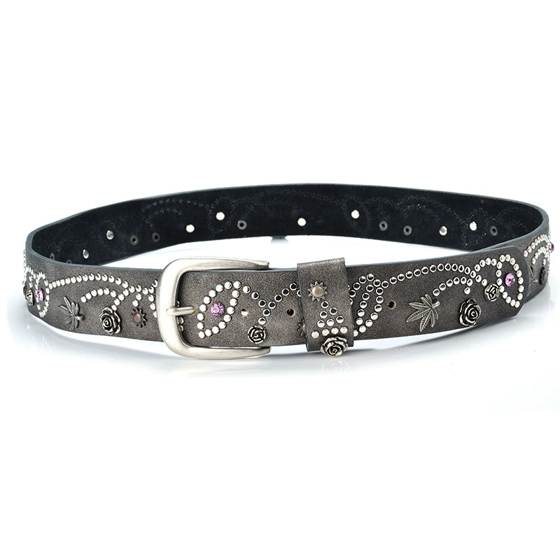 Women’s Fashion Metal Stud Belt, Retro Stone Inlay, 110 cm, Casual Jeans Accessory