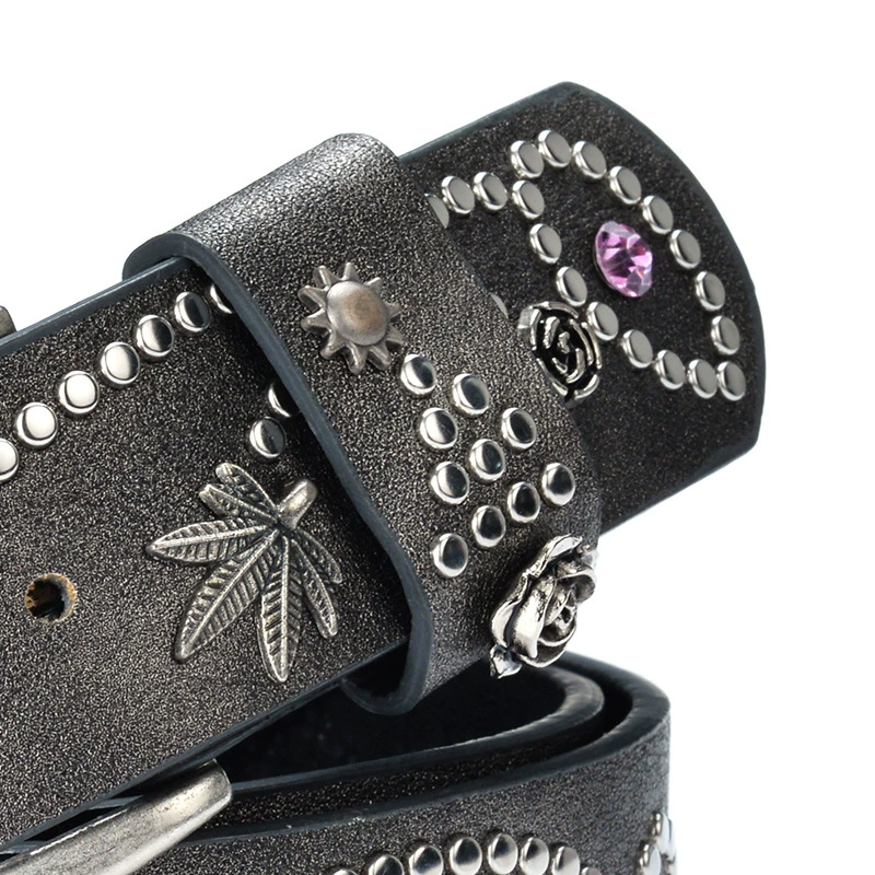 Women’s Fashion Metal Stud Belt, Retro Stone Inlay, 110 cm, Casual Jeans Accessory
