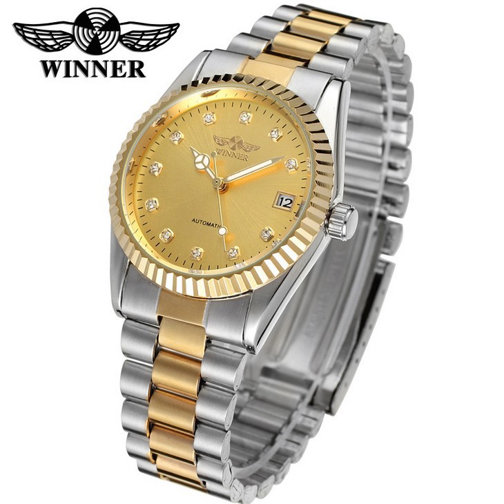 WINNER hombre oro correa de acero reloj de negocios reloj de diamante de agua calendario reloj mecánico manual automático