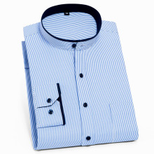 2025春季男士立领长袖衬衫时尚中国风扣领条纹款商务免烫翻领衬衣