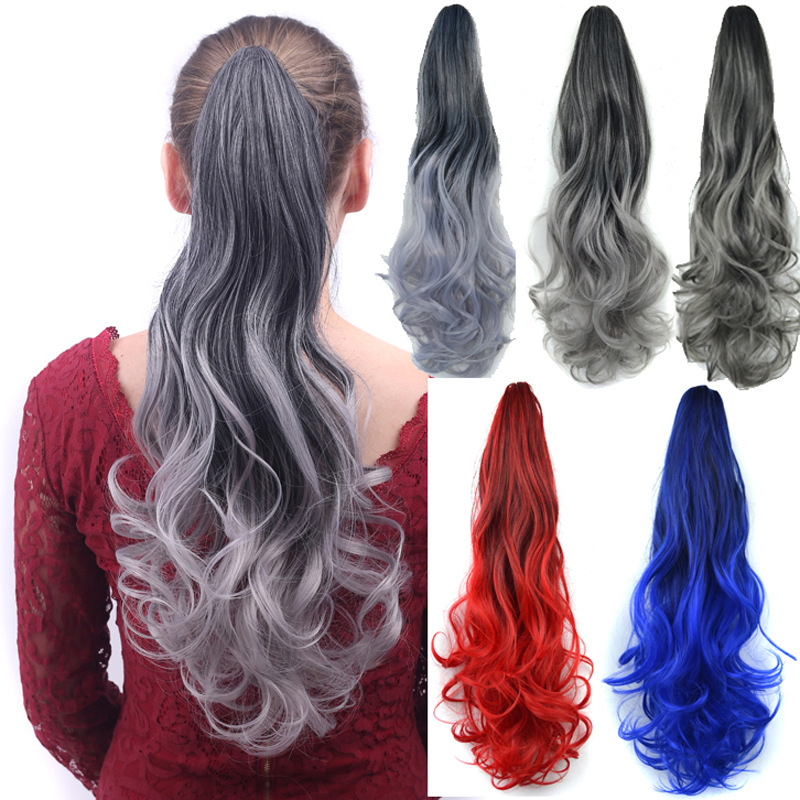 Colorful gradient claw clip type roll ponytail natural retro big wave long curly hair grab clip wig ponytail wholesale