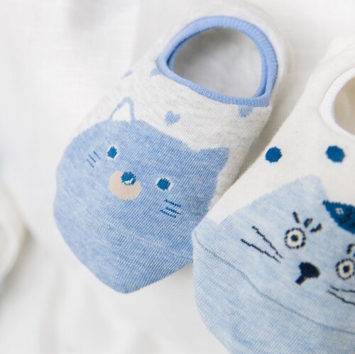 Summer and Autumn New Cotton Socks Cartoon Short Socks for Girls Blue Boat Socks for Women Invisible Catbus Silicone Non-slip Factory Wholesale