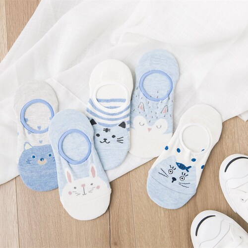 Summer and Autumn New Cotton Socks Cartoon Short Socks for Girls Blue Boat Socks for Women Invisible Catbus Silicone Non-slip Factory Wholesale