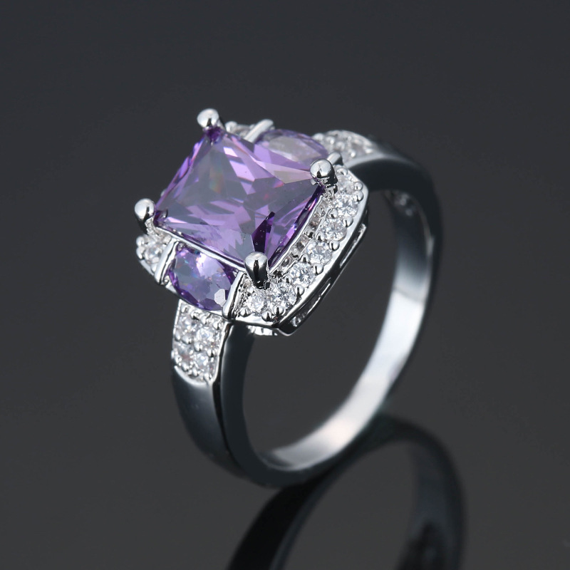 Purple square zircon ring personality copper material diamond jewelry female temperament niche ring in stock