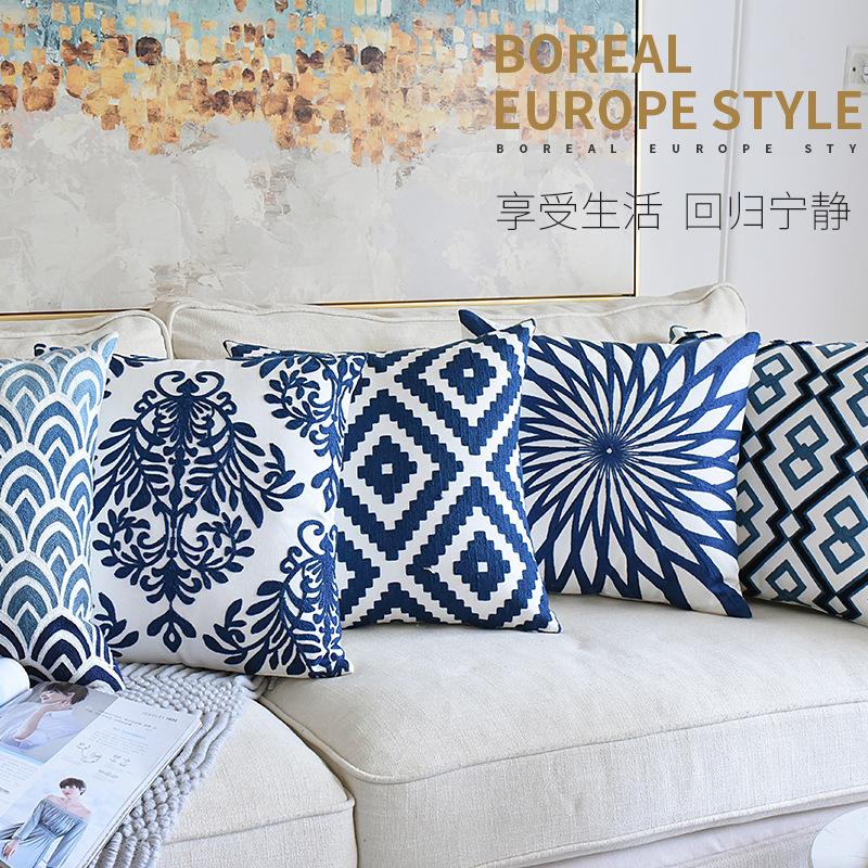 中式古典家居沙发靠枕 毛巾绣复古抱枕套 青花瓷刺绣系列腰枕套