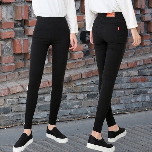 Slim-fit black pencil pants for outerwear and as base layers—women's figure-flattering, high-stretch, ankle-tight trousers available in plus sizes with exceptional elasticity.
