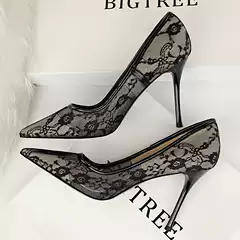 1853-1 European and American sexy slimming high heels women's shoes stiletto high heel shallow mouth pointed mesh hollow lace shoes