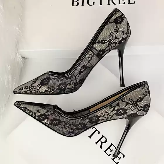 1853-1 European and American sexy slimming high heels women's shoes stiletto high heel shallow mouth pointed mesh hollow lace shoes