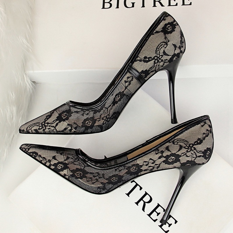 1853-1 European and American sexy slimming high heels women's shoes stiletto high heel shallow mouth pointed mesh hollow lace shoes