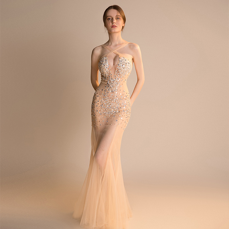 Vestido de noche sexy de malla transparente - Vestido largo ajustado transparente hecho a mano para mujer para pasarela de exhibición de autos_voghion.com