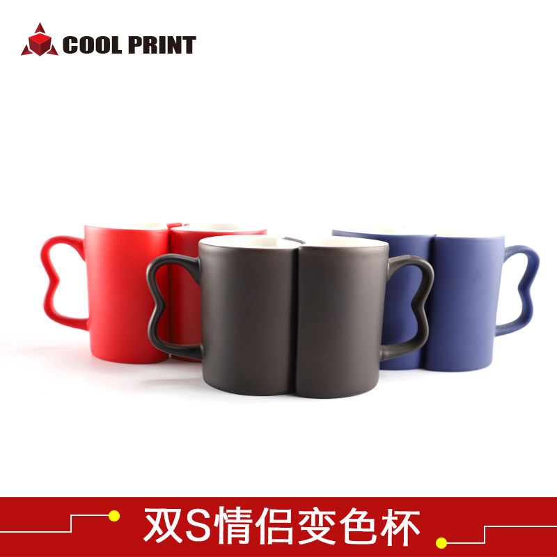 厂家直销情侣变色杯热转印耳把魔术杯个性DIY节日礼品纪念水杯