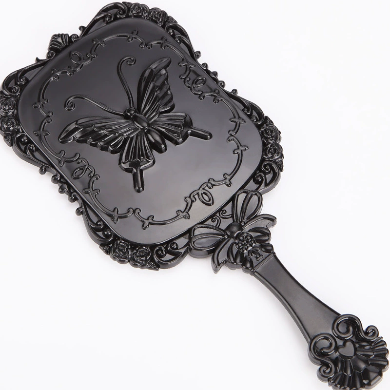 Handheld Mirror Retro Square 3D with Butterfly Accent, Black, Large