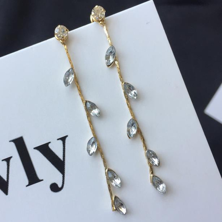 新款水滴流苏耳环树叶镶钻长款耳钉时尚水晶吊坠韩版耳饰品女