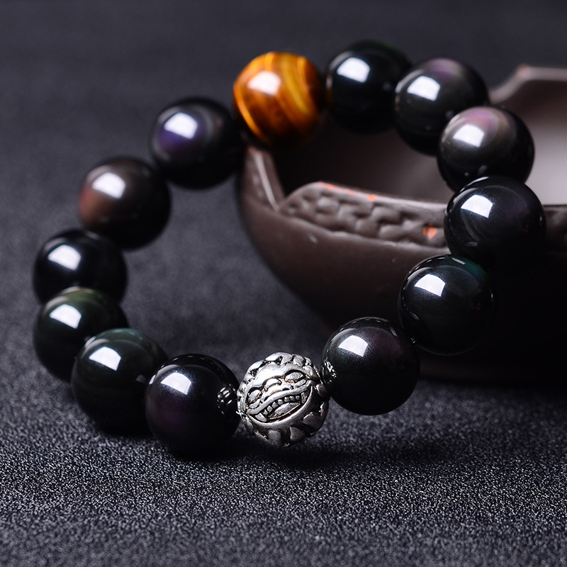 黑曜石貔貅手链男女 情侣款黄虎眼石diy单圈手串