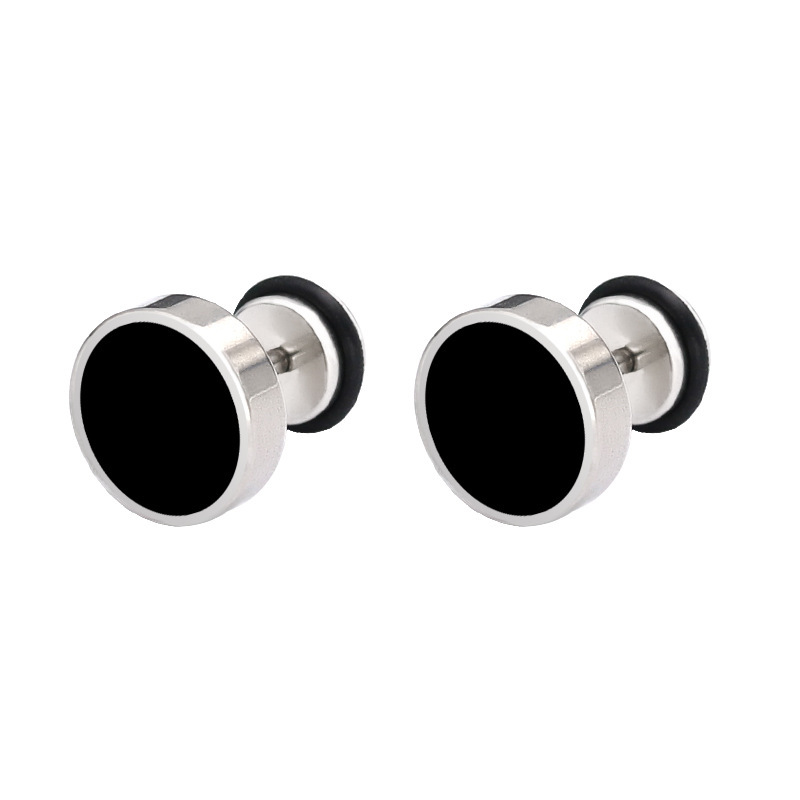 2023 Japanese and Korean New Hip-Hop Punk Style Titanium Steel Round Black Oil-Drip Earrings Stainless Steel Round Cake Earrings Trendy