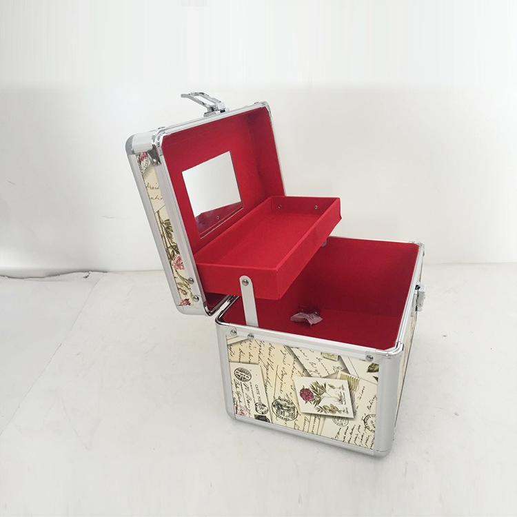 厂家直销五金收纳箱铝合花朵皮纹抽屉式化妆工具箱25x17x16cm