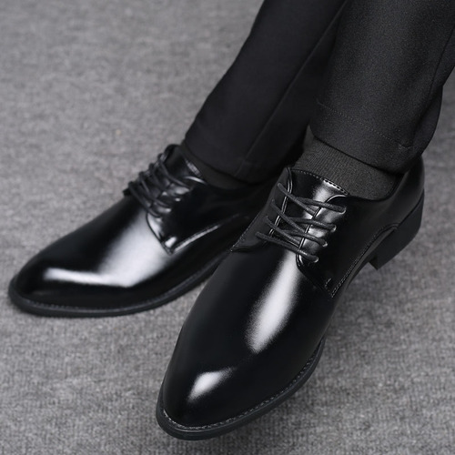 Korean Trend Leather Shoes for Men, Business Formal, Pointed Toe, Lace-up, Wedding Shoes, Youth, British Style, Insole Lift, Casual Shoes