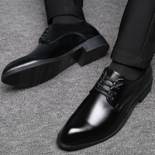 Korean Trend Leather Shoes for Men, Business Formal, Pointed Toe, Lace-up, Wedding Shoes, Youth, British Style, Insole Lift, Casual Shoes