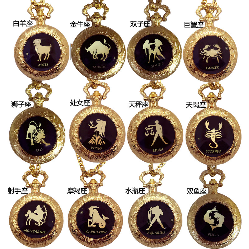 Twelve Zodiac Signs Round Pocket Watch Creative Universal Watch Retro Flip Cover Personalized Men's and Women's Necklace Watch Manufacturer Wholesale