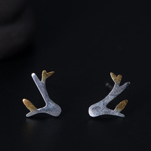 s925银耳钉拉丝小清新双色小树叶子耳环女个性创意树枝银饰品批发