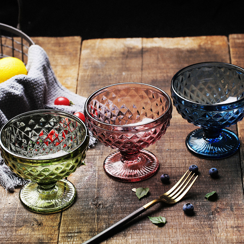 European-style embossed ice cream bowl creative dessert bowl colored glass fruit salad bowl milkshake cup ice cream cup